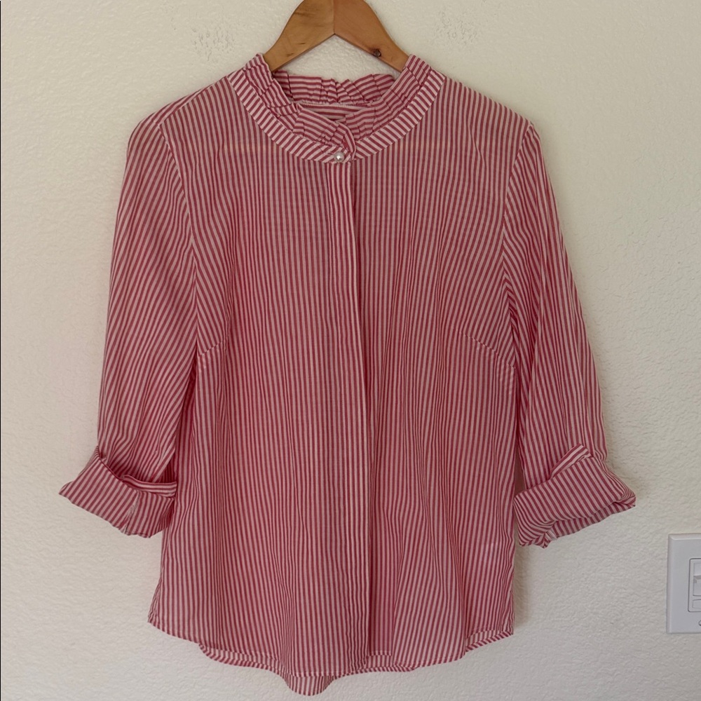 Talbots Pink and White Striped Ruffle-Neck Blouse